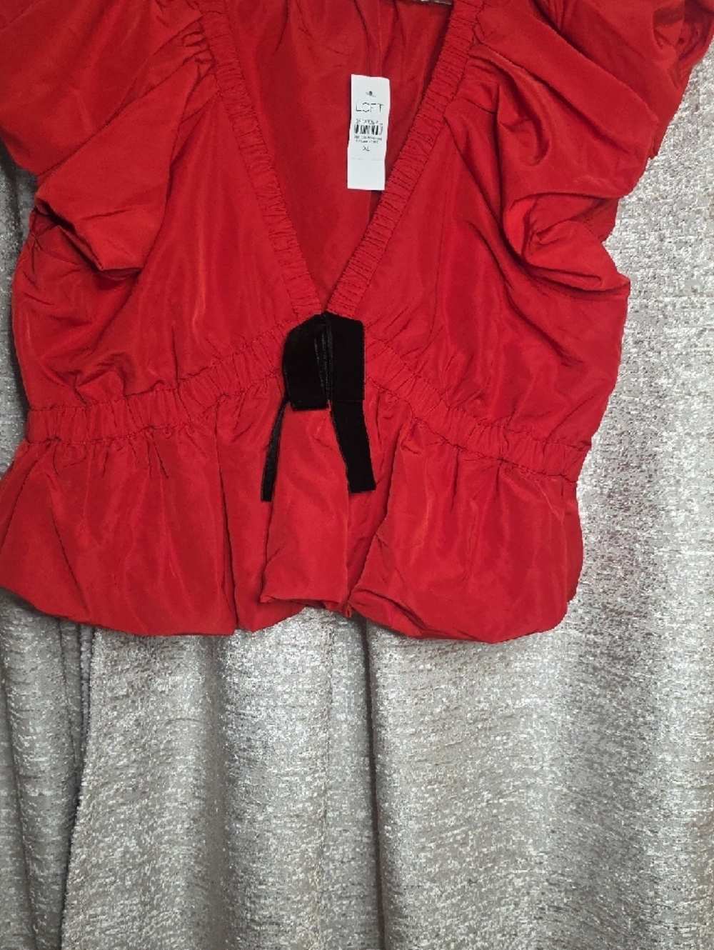 LOFT Red Puff-Sleeve V-Neck Top with Black Velvet Tie - Picture 5 of 6